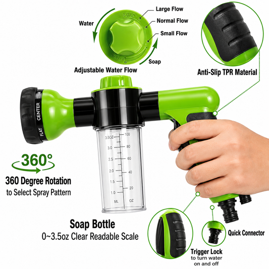 1pc Heavy-Duty 8-In-1 Garden Hose Nozzle with Soap Dispenser