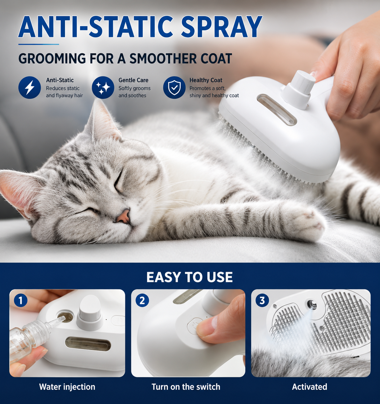 3-in-1 Self-Cleaning Steam Pet Hair Removal Brush